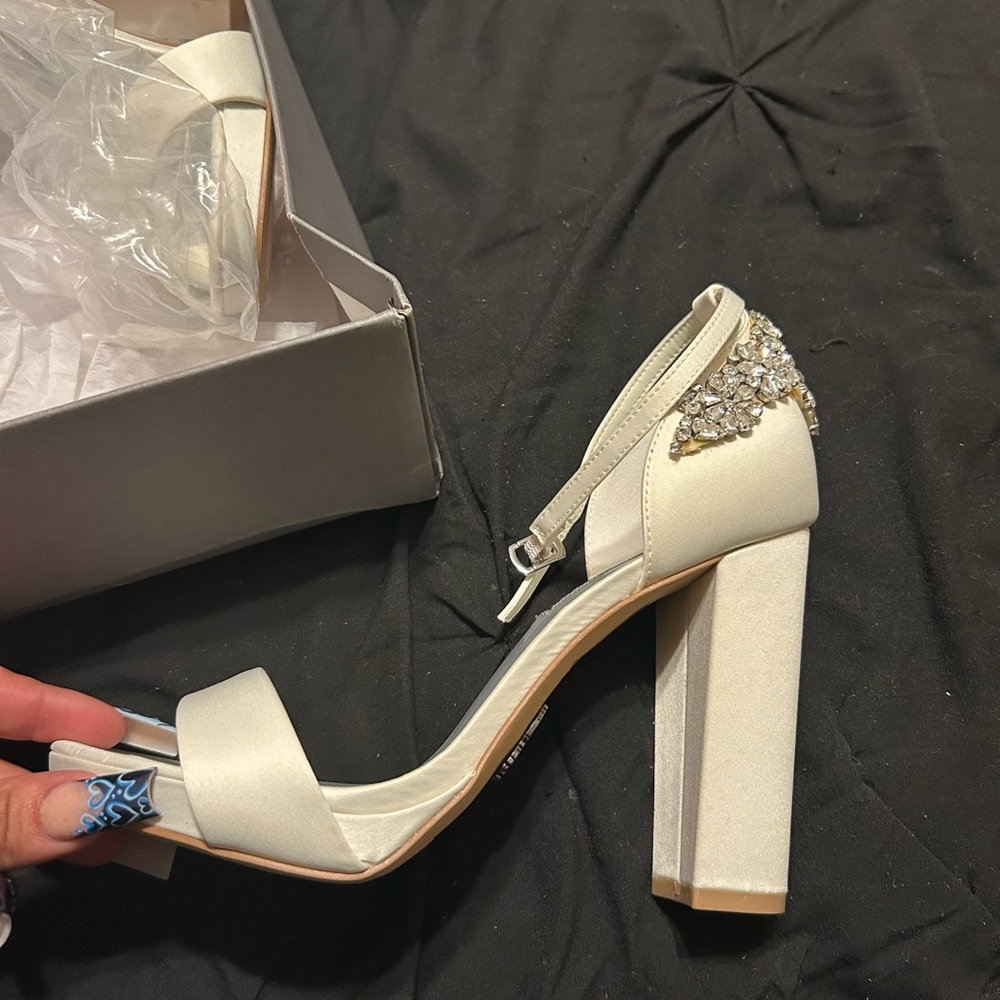 Vera Wang Cream Block Heel Sandals with Embellishments